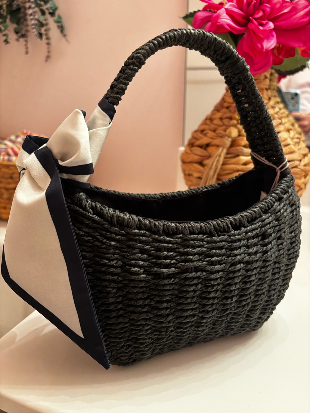 Black Woven Dyed Seagrass Handbag with Ivory Scarf Accent